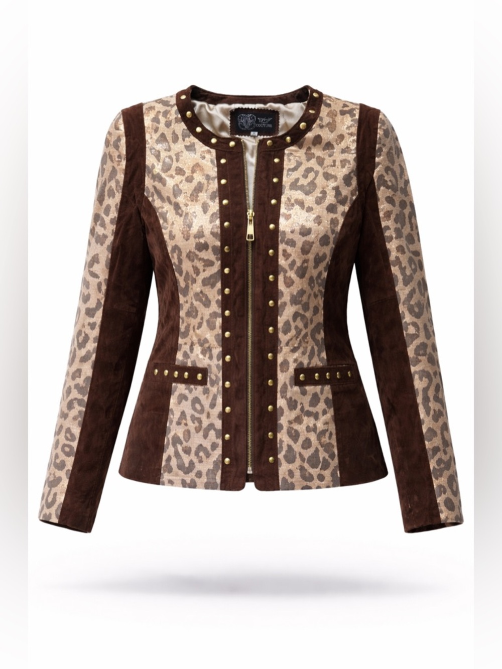 Animal Leopard Print Leather Suede Jacket Studded Military Style Zip Front M - Picture 11 of 17
